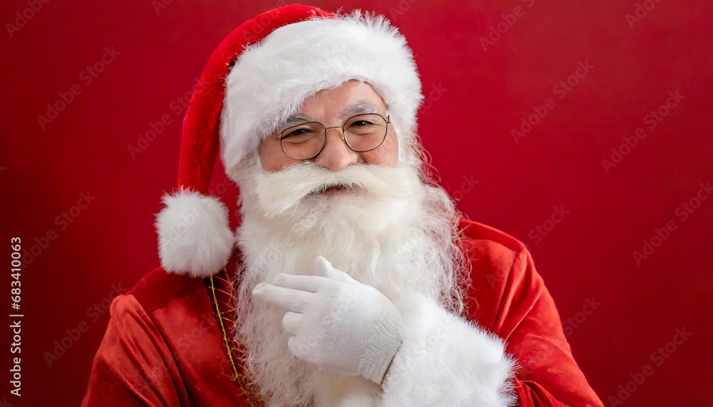 Close up photo of positive santa claus look in camera wear red costume headwear isolated over bright shine color background Close up photo of positive santa claus look in camera wear red costume headwear isolated over bright shine color background