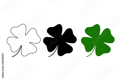 Good luck four leaf clover flat icon set. Green shamrock, cloverleaf, luck, clover symbols. Leaf collection. Clover card and clover print. Vector illustration