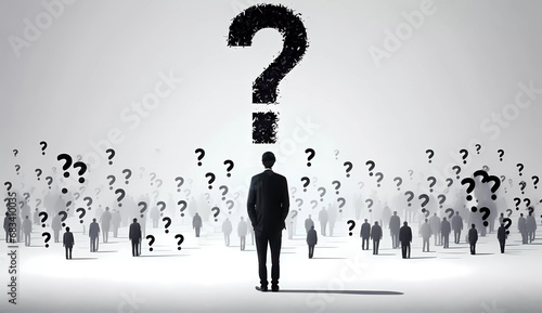 A person standing in front of a large group of question marks on a white background with a white background