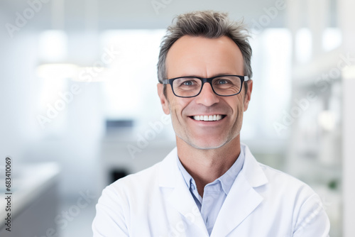 Portrait of a mature medical doctor smiling with folded arms.