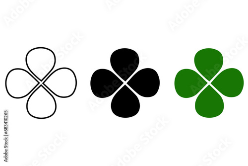 Good luck four leaf clover flat icon set. Green shamrock, cloverleaf, luck, clover symbols. Leaf collection. Clover card and clover print. Vector illustration