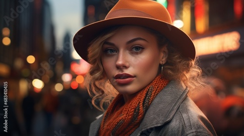 A striking portrait of a young woman, her look completed with a fashionable hat and expert makeup, draped in contemporary clothing, set within a vibrant urban streetscape.