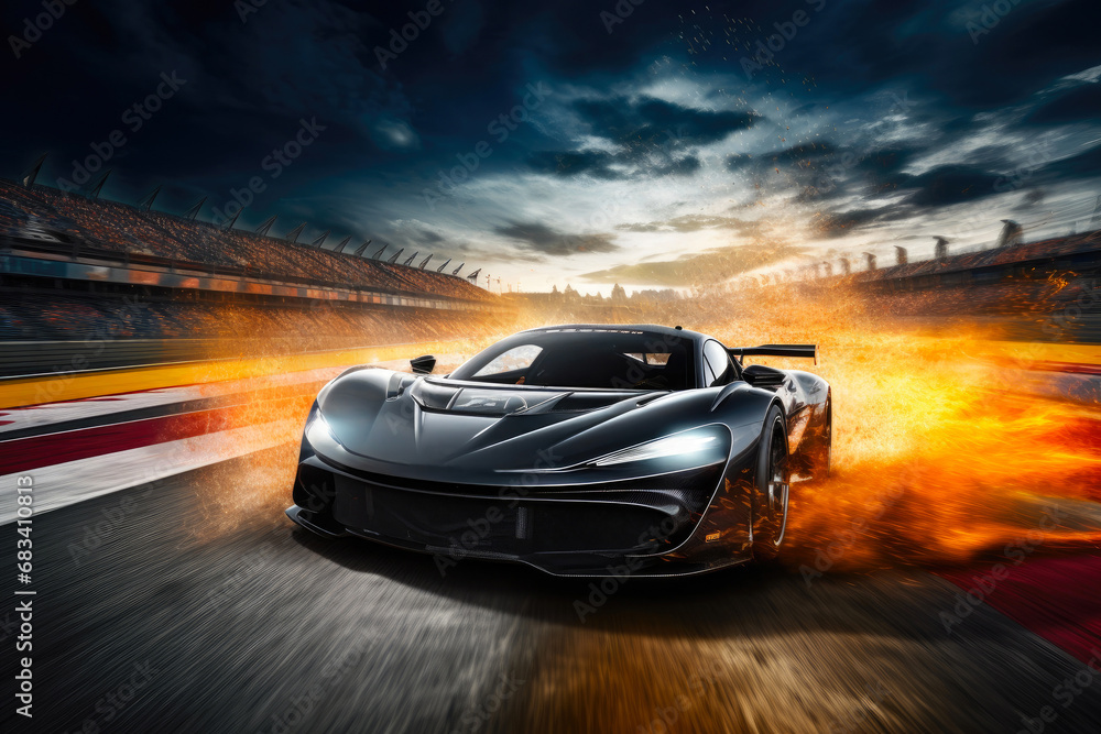 Naklejka premium Fast Track Thrills: Racing Car Launches into Action