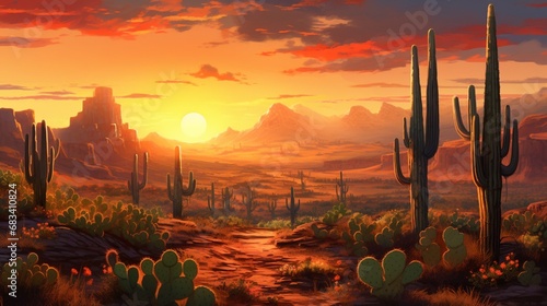 A desert landscape dominated by tall cacti, standing resolute under the blazing sun.