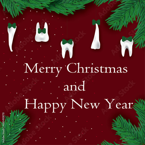christmas greeting card with christmas tree, Christmas card with santa claus, Dentist Merry Christmas and New Year concept, tooth, Happy New Year 2024, Happy holidays