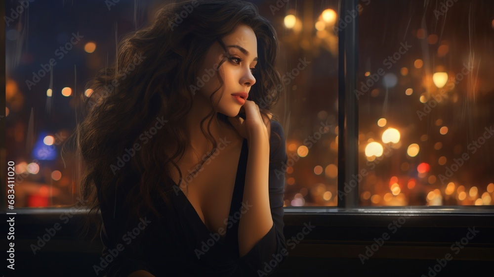 A thoughtful brunette girl, seen behind the window of a chic, modern restaurant, the vibrant city lights creating a captivating backdrop.