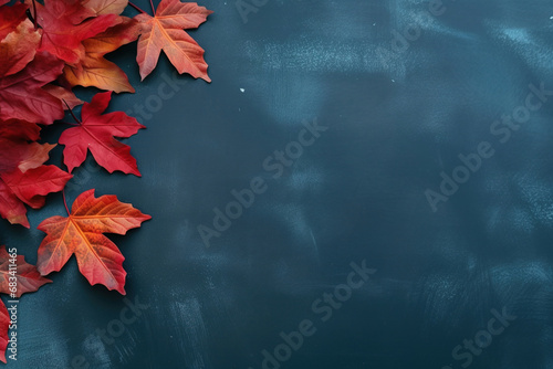 Autumn background with colored red leaves on blue slate background. Top view, copy space for banner or poster