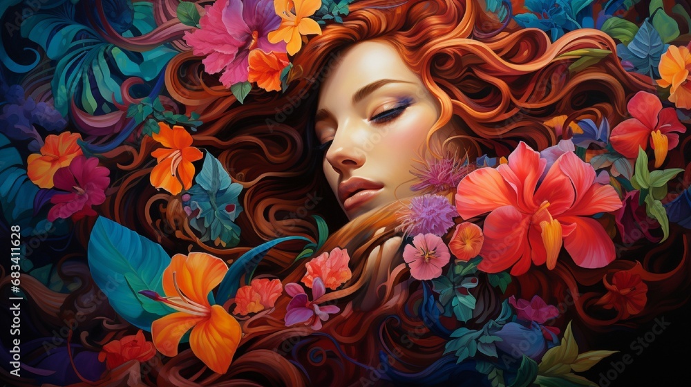 A vibrant scene where brightly colored, wavy hair intermingles with a bouquet of tropical flowers. The hair's vivid hues echo the exotic colors of the flowers, set against a backdrop of lush greenery.