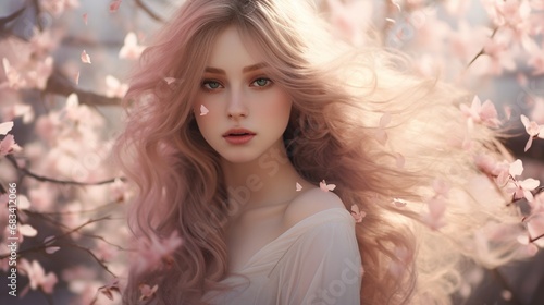 A whimsical image of light, airy hair intertwined with delicate cherry blossoms. The soft pinks of the blossoms blend seamlessly with the hair, evoking a dreamy, springtime mood.