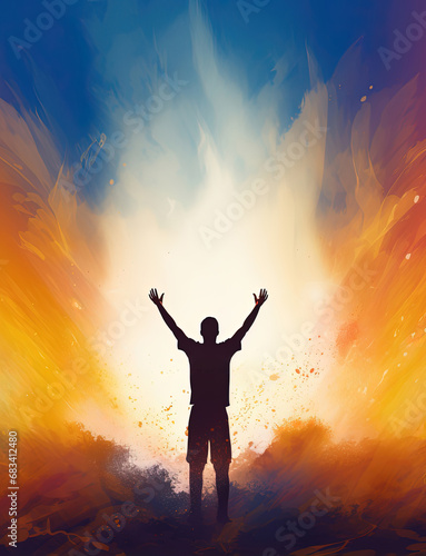 Man Raising Hand on Top of Mountain: Worship and Praise of God. Sunset Abstract Sky, Colorful Pastel Illustration Background. Oil Painting Wall Art Wallpaper with Copy Space.