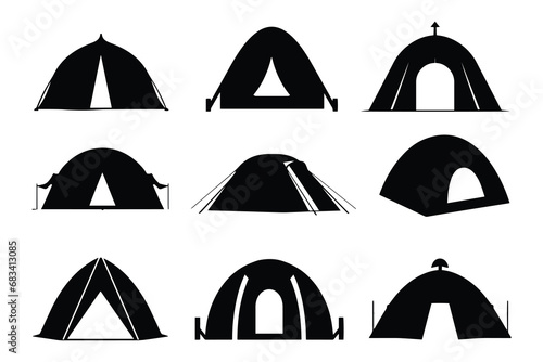 Silhouette camping tent set, Tourist tent, glamping dome, monochrome, black symbol, trave and relaxation, vector illustration isolated on white background photo