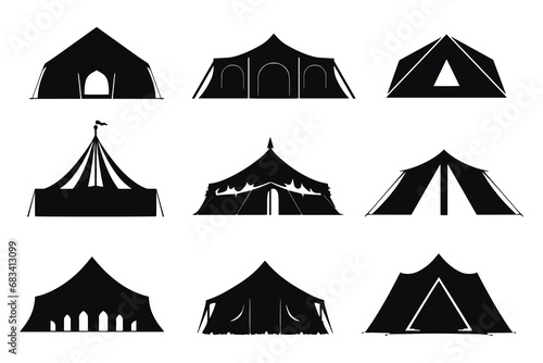 Silhouette camping tent set, Tourist tent, glamping dome, monochrome, black symbol, trave and relaxation, vector illustration isolated on white background