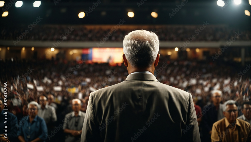 Rear view of senior politician during the election speech in front of the crowd, generative ai illustration Rear view of senior politician during the election speech in front of the crowd, generative ai illustration