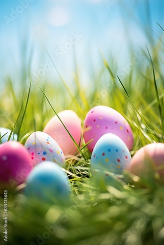 Colorful easter eggs in grass. Happy easter background.