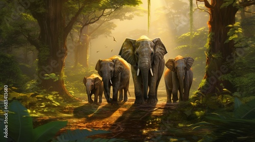 A family of elephants wandering through dense forests, showcasing their intricate social bonds.
