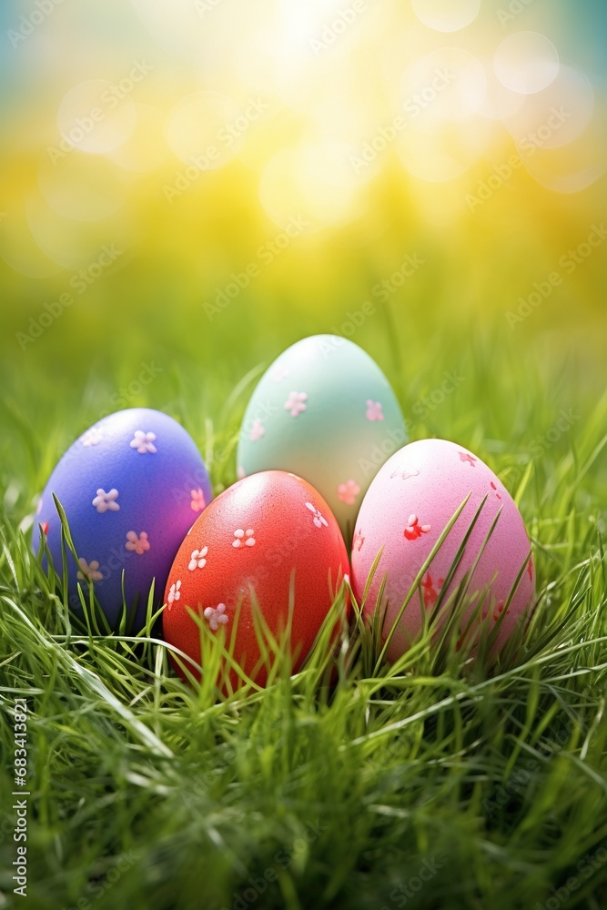 Colorful easter eggs in grass. Happy easter background.