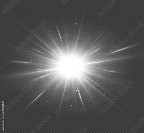 Shining white star isolated on black background. The star burst with brilliance. Glow effect.
