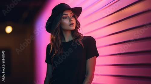 : A candid shot of a young woman, clad in a pink neon t-shirt and black hat, captured in a moment of thoughtful repose by a white urban wall, with the night's ambient lighting casting a soft glow.