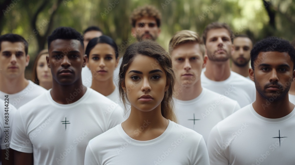 : A dynamic group of young, multi-ethnic individuals, all wearing crisp white shirts, gathered in a lively urban park, their expressions reflecting friendship and diversity.