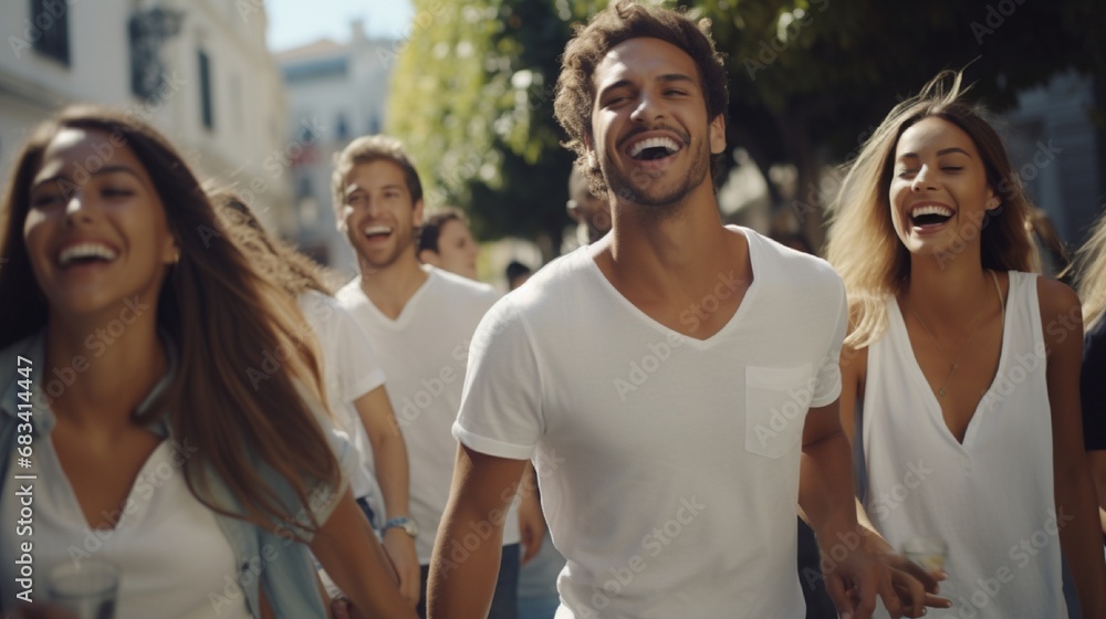 : A group of attractive, multi-ethnic young adults, all sporting white shirts, captured in a moment of laughter and conversation during a casual city walk, symbolizing urban diversity and harmony.
