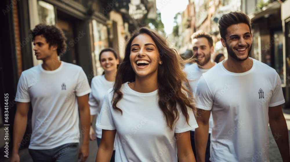 : A group of attractive, multi-ethnic young adults, all sporting white shirts, captured in a moment of laughter and conversation during a casual city walk, symbolizing urban diversity and harmony. - obrazy, fototapety, plakaty 