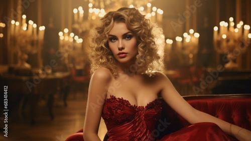 : A glamorous blonde with luxurious curly hair, wearing a red evening gown, posing regally in an opulent room with vintage decor, her presence exuding timeless elegance. © Ai Studio