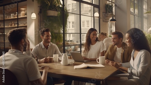 : A group of young, multi-ethnic friends, all in white shirts, casually lounging in a chic, modern coffee shop, their interactions highlighting a warm, inclusive atmosphere.