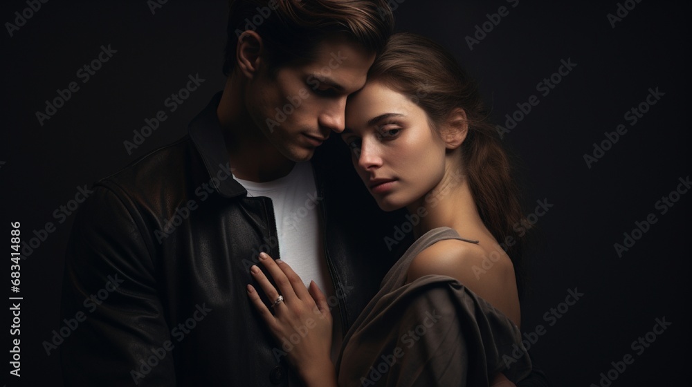 : A striking studio portrait of a young couple, their love palpable in their close, comfortable pose, set against a stark, dark background that throws their shared happiness into sharp relief. : A striking studio portrait of a young couple, their love palpable in their close, comfortable pose, set against a stark, dark background that throws their shared happiness into sharp relief.