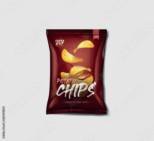 Advertising bag of potato chips, spicy pepper flavor.