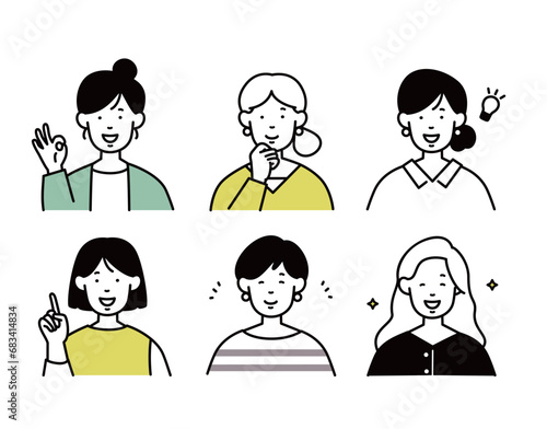女性のアイコンセットポジティブな表情