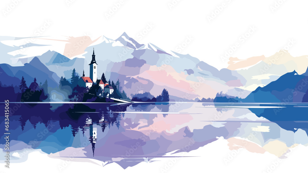 copy space, simple vector illustration, Lake Bled, Slovenia. Flat 2D illustration, beautiful lake Blad landscape.  The pilgrimage church dedicated to the Assumption of Mary on Bled island. Famous tour - obrazy, fototapety, plakaty 