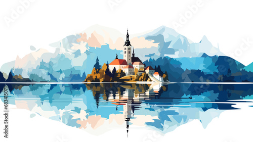 copy space, simple vector illustration, Lake Bled, Slovenia. Flat 2D illustration, beautiful lake Blad landscape.  The pilgrimage church dedicated to the Assumption of Mary on Bled island. Famous tour photo