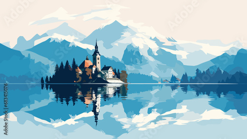 copy space, simple vector illustration, Lake Bled, Slovenia. Flat 2D illustration, beautiful lake Blad landscape.  The pilgrimage church dedicated to the Assumption of Mary on Bled island. Famous tour