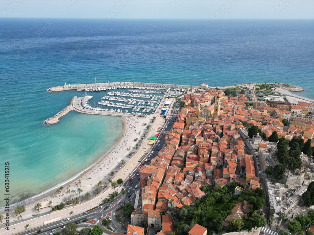 Fototapeta premium Menton town on French Riviera Aerial Drone high angle