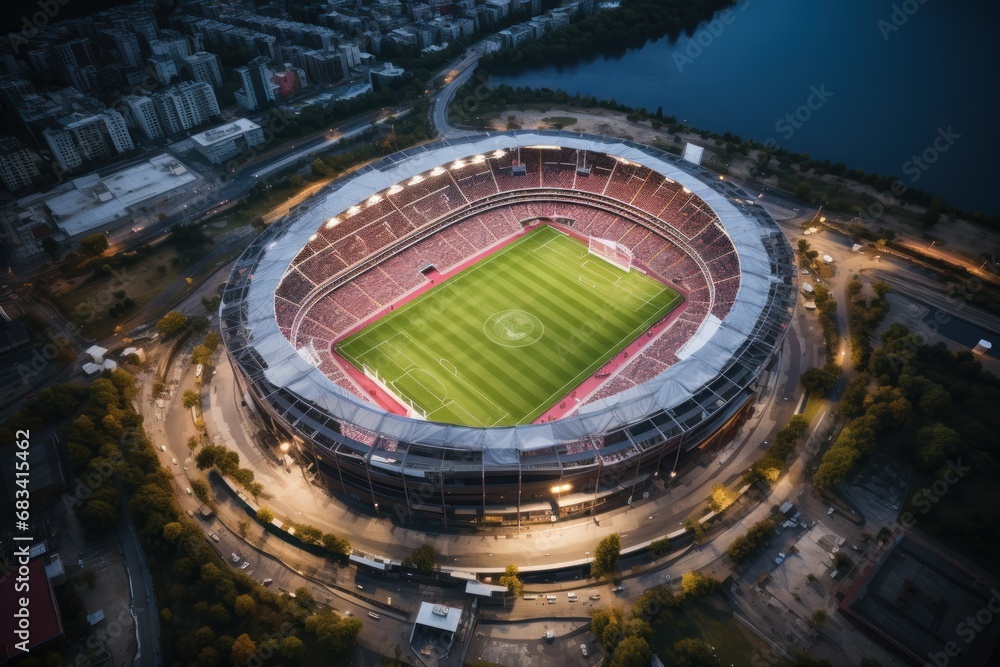 Aerial view of a large football stadium in the city center. Soccer Concept. Football Concept. Sport Concept.