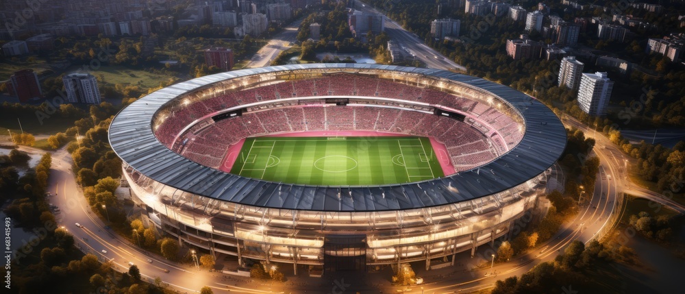 Aerial view of a large football stadium in the evening. Soccer Concept. Football Concept. Sport Concept.