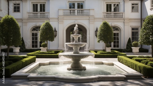 A grand courtyard fountain, its stature and design reminiscent of palatial estates, displayed against a pure white slate.