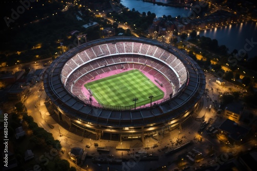 Aerial view of a large football stadium at night in the city. Soccer Concept. Football Concept. Sport Concept.