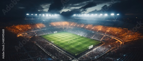 Aerial view of a football stadium at night. Soccer Concept. Football Concept. Sport Concept.
