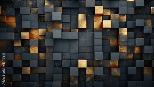 A dynamic arrangement of geometric shapes, featuring black blocks