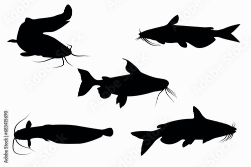 Set of Black Catfish Silhouettes vector 