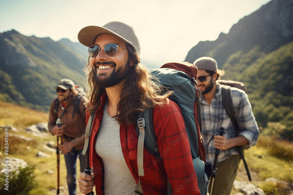 A company of happy young people travel in the mountains in the summer.