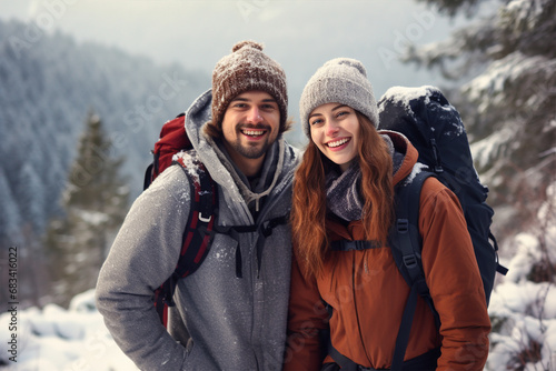 Happy young family travels through the mountains with backpacks in winter.