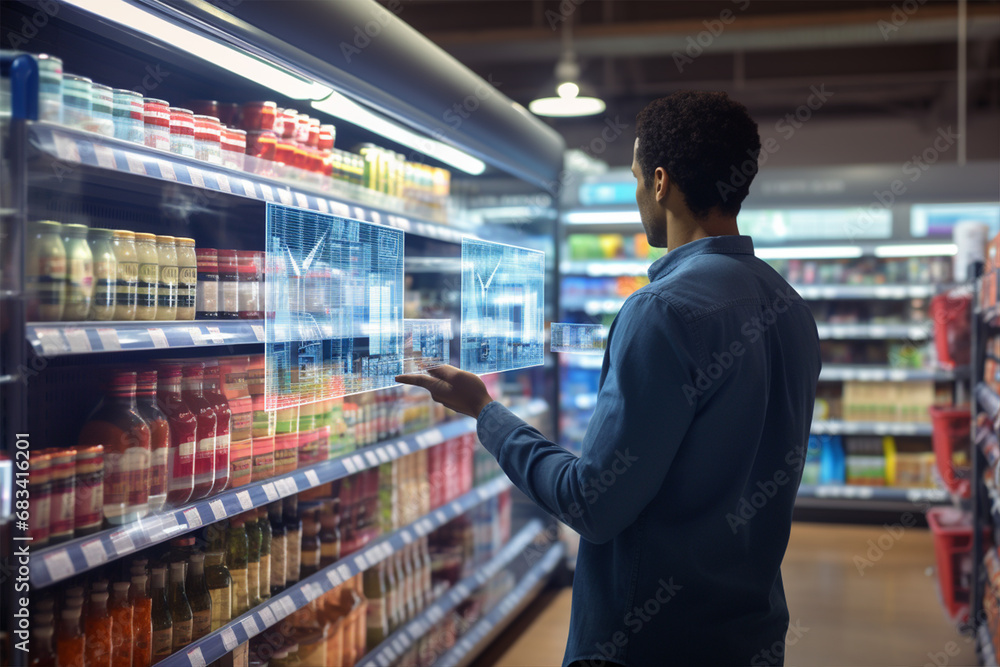 Fototapeta premium A young man makes purchases on a website for online shopping, virtual shopping, against the background of an electronic warehouse with products