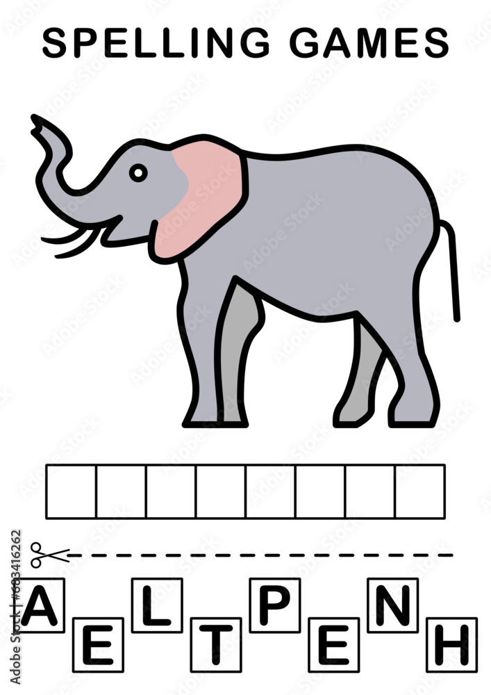 Spell the word. Vector illustration of elephant. Spelling game for kids. Education worksheet Printable A4 size