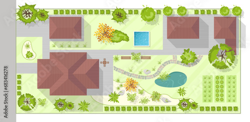 Landscape design plan with house, courtyard, lawn and garage top view. Highly detailed plan of country with modern cottage, garden, pond, pool. Vector illustration of Cityscape, Map of town, village