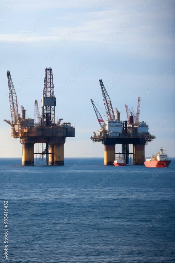 Offshore oil rigs on the sea. Industrial activity extracting oil from beneath the ocean floor, highlighting the impact on marine ecosystems and energy production.