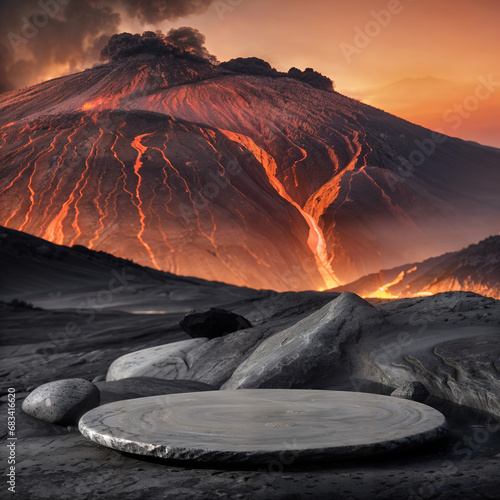 Volcanic stone podium in front of erupting volcano with lava, product display square backdrop. Generative AI.