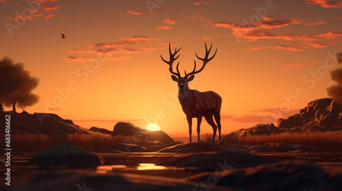 A deer on a field at sunset