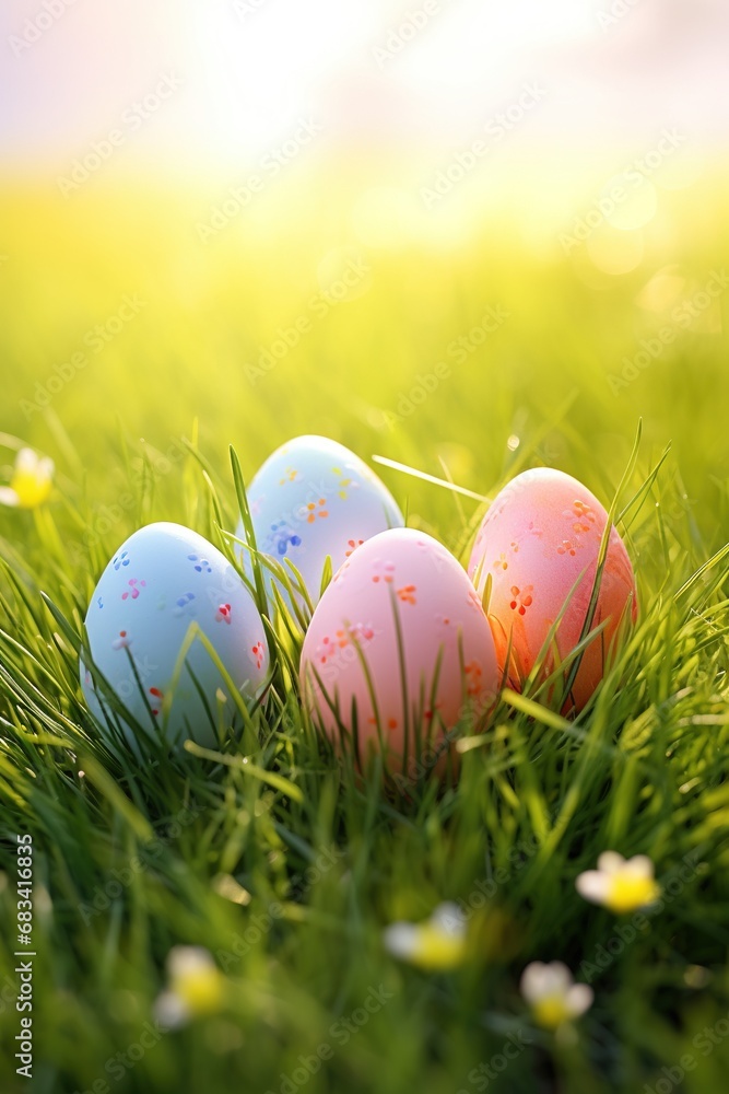 Easter eggs in the grass with flowers. 